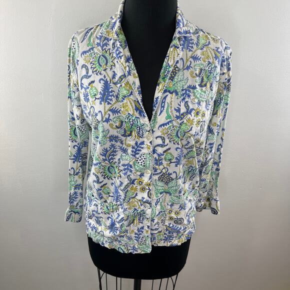 ROLLER RABBIT Blue Green White Print Long Sleeve Cotton Button Up Shirt XS - Picture 2 of 10